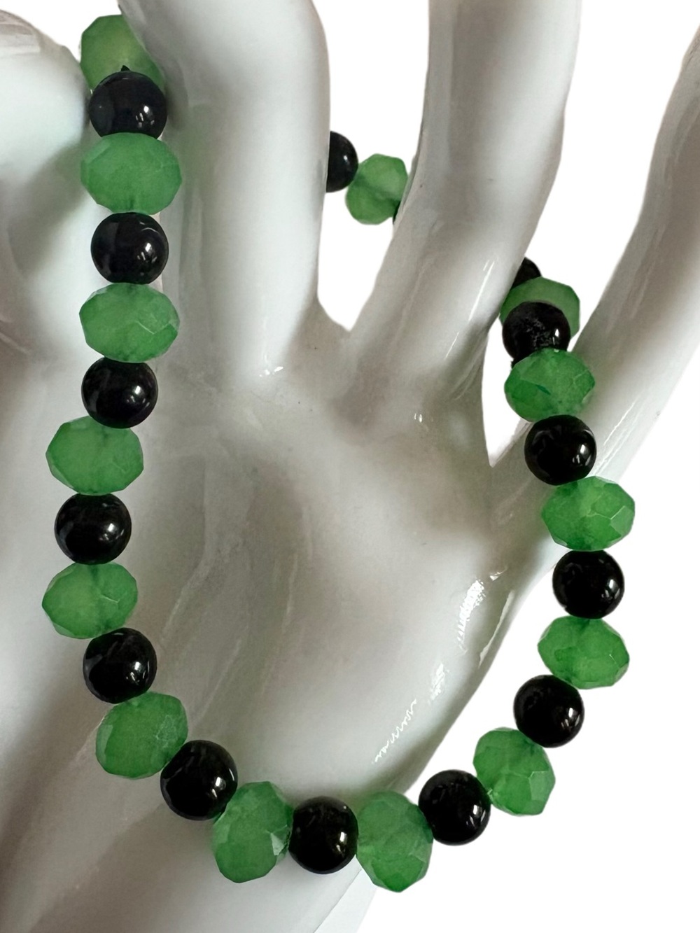 Handmade Green and Black Faceted Bead Stretch Bracelet